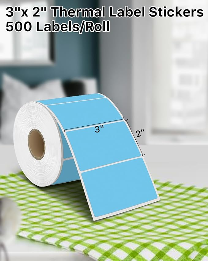 iEager 3" x 2" Thermal Labels, Rectangle Thermal Printer Stickers, Self-Adhesive Durable Sticker with Perforation Line, 500 Labels/Roll, Blue
