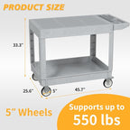 Utility Cart on Wheels, 2 Shelf Heavy Duty Large Flat Top Rolling Cart, 550LBS Capacity Service Cart for Warehouse, Garage, School, Kitchens, Office(Gray, 45.7)