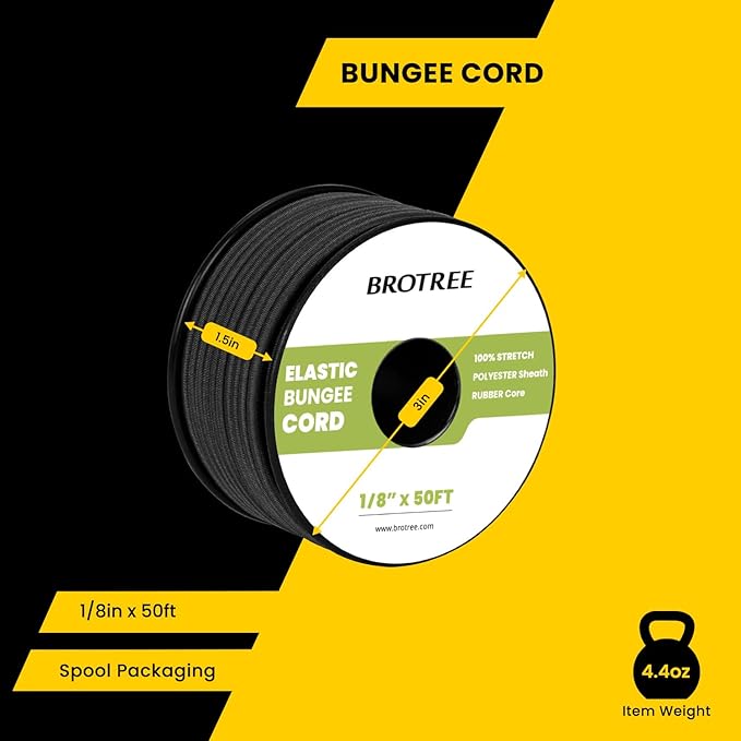 Bungee Cord Elastic Shock Cord 1/8" x 50' Bungee Rope for DIY, Tie Downs, Kayak and Outdoor - Black