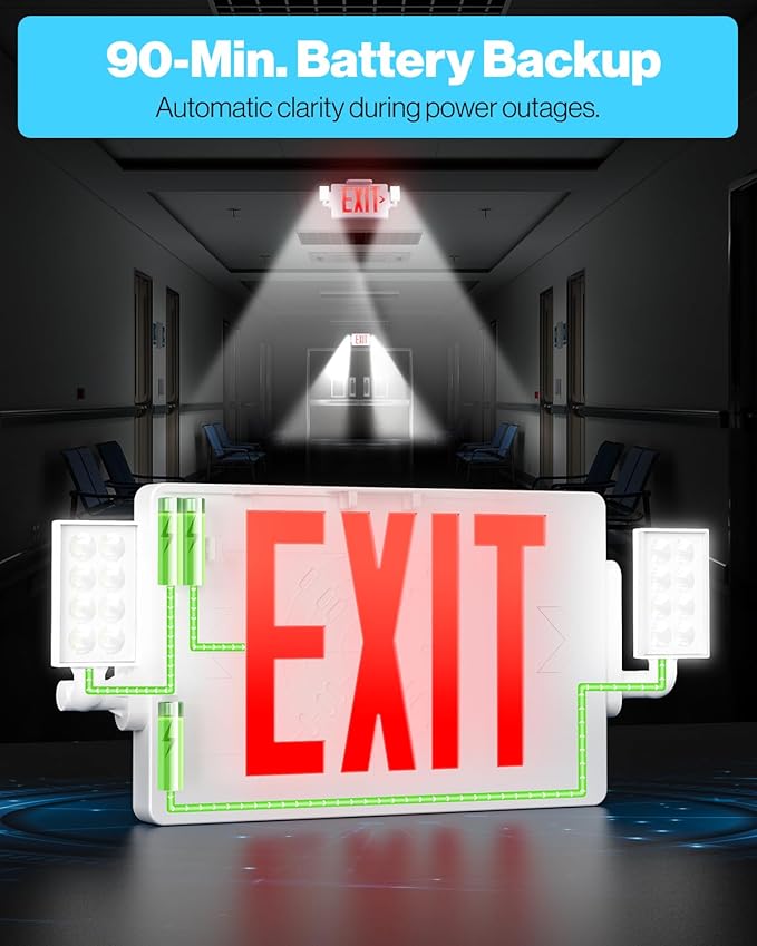 Sunco Exit Signs With Emergency Lights, Two Adjustable LED Lights With Backup Battery, Red, 94V-0 Fire Resistant, 120-277V, Wall Or Ceiling Mount, Commercial Grade UL 4 Pack.