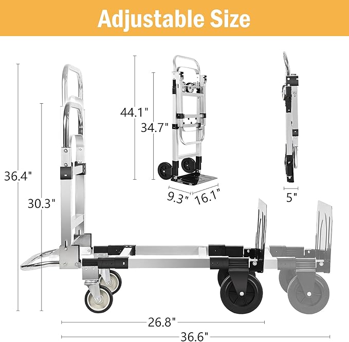 600 LBS Dolly Cart with Wheels, 3 in 1 Folding Hand Truck with Retractable Handle, Aluminum Heavy Duty Hand Cart with 4 Wheels, Collapsible Hand Truck Dolly for Warehouse, Home, Supermarket