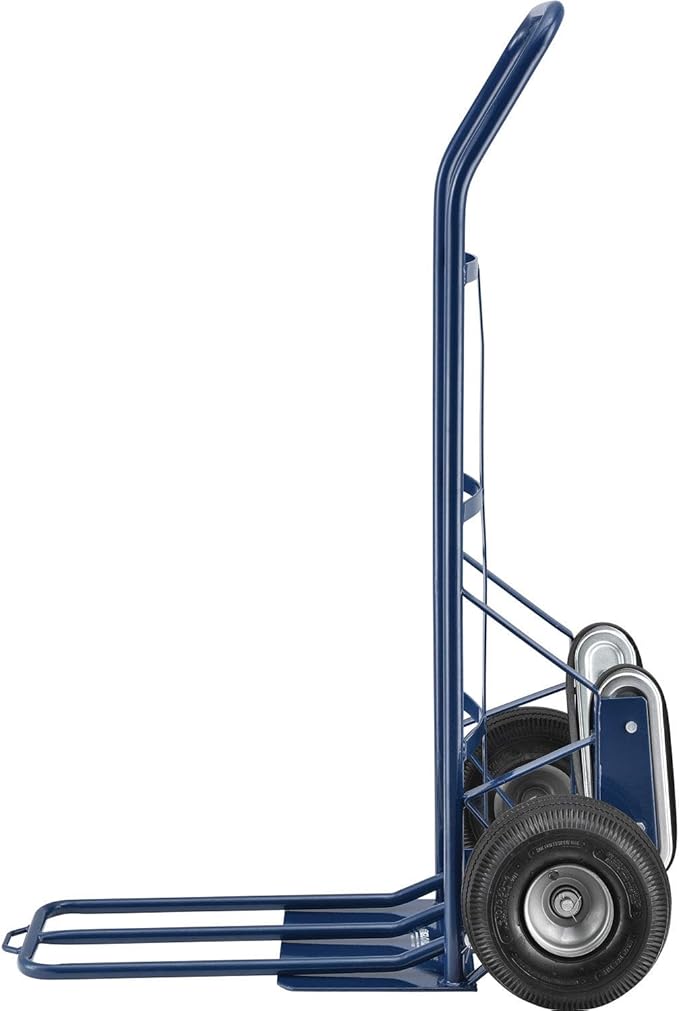 Global Industrial General Purpose Steel Hand Truck with Curved Handle & Stair Climbers, 10" Diameter Pneumatic Wheels, 14" W x 10" L Noseplate, 600 Lb. Capacity