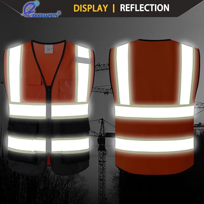 Reflective Mesh Safety Vest for Men Women with 5 Pockets and Zipper Front High Visibility Mesh Vest Hi Vis Construction Work Vest,Meets ANSI/ISEA Standards(EK175-Orangeblack-M)