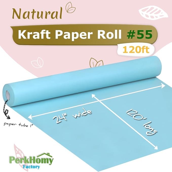 PerkHomy 24" x 1,440" (120') Light Blue Kraft Paper Roll for Craft Bulletin Board Paper Art Table Covering Crafting Gift Wrapping Bouquet Packing Parcel 80GSM 55LB (Light Blue, 24" x 120')