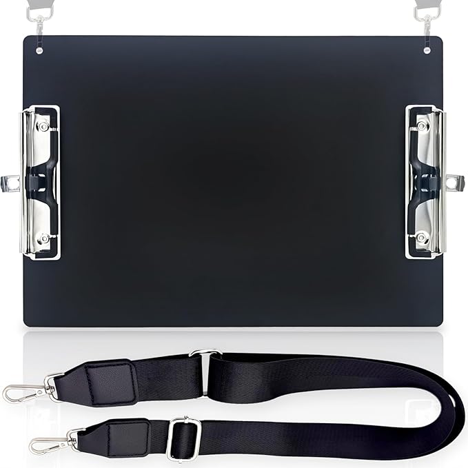 Aluminum Metal Clipboard with Detachable Adjustable Shoulder Strap A4 Double Clip Board Stainless Hangable w/Pen Holder Letter 9" x 12.6" for School Office Business Factory (Black-with Strap, A4)
