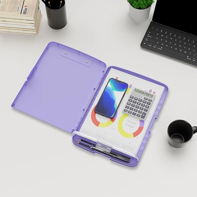 Plastic Clipboard with Storage, 8.5 x 11 Storage Organization Box Side-Opening, Heavy Duty Clip Board with Pen Holder and Paper Folder for Nurses, Teachers, Office & School Supply, Purple