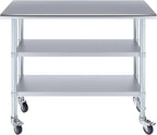 AmGood Stainless Steel Work Table with 2 Shelves and Casters | Metal Utility Table On Wheels (Stainless Steel Work Table with 2 Shelves + Casters, 48" Long x 18" Deep)