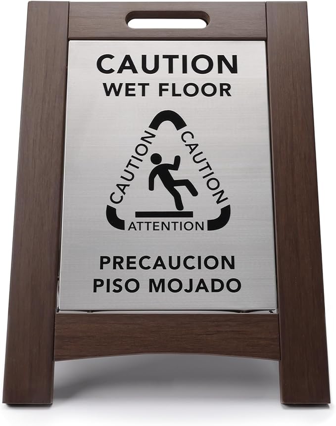 Premium Outdoor Composite Caution Wet Floor Sign – Bilingual w/Non-Skid Plastic Feet, Black Plate – For Hotels, Schools, Offices, Areas, Restrooms, Pool Decks - Brown 2 Pack