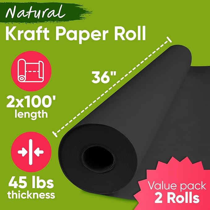 36" x 1200" (100 ft) Black Kraft Paper Roll (Value Pack of 2), 45 lbs Thickness, Made in USA Colored Kraft Paper for School, Bulletin Board - Odorless, Non-Toxic, Safe for Kids