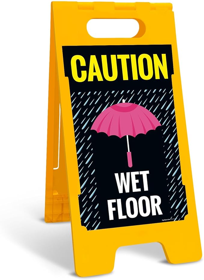 Caution Wet Floor Umbrella Sidewalk Sign Kit, 10x16 Inches, with A Frame Stand, Made in USA