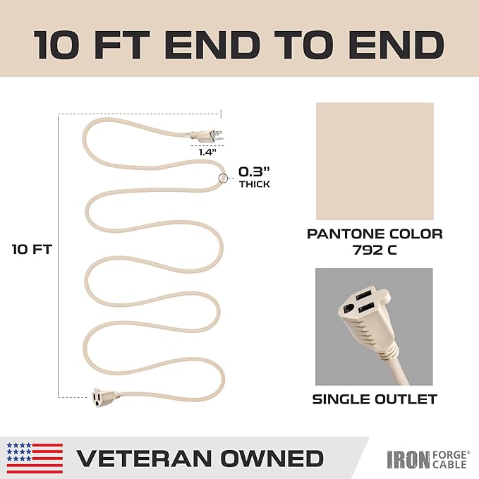 Iron Forge Cable Weatherproof 10 Ft Outdoor Extension Cord - 16/3 SJTW Heavy Duty Light Brown Extension Cord 3 Prong - 13 Amp Exterior Power Cable