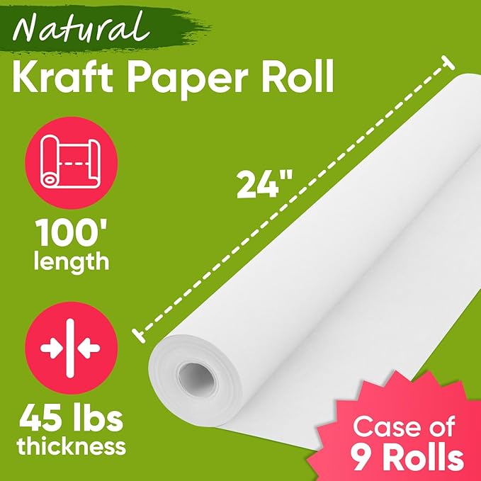 24" x 1200" (100 ft) White Kraft Paper (Case of 9 Rolls), 45 lbs Thickness, Made in USA Kraft Paper for School, Arts & Crafts, Gift Wrapping, Packing for Moving