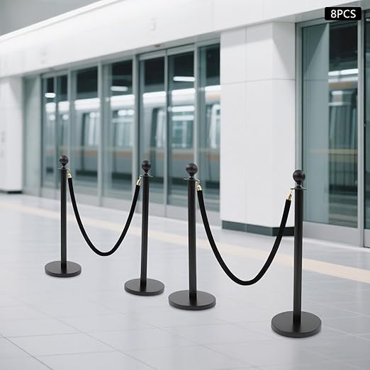 8 Packs Stanchion Posts Black Stainless Steel Stanchion Post Queue 5 ft Black Velvet Rope Red Carpet Ropes and Poles Crowd Control Barriers with Fillable Base for Theaters Wedding Exhibition