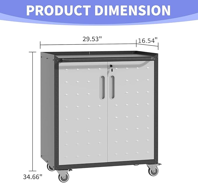Metal Garage Storage Cabinet on Wheels, Lockable Rolling Tool Cabinet with Doors and Shelves, Heavy Duty Mobile Steel Cabinet for Garage Warehouse Workshop
