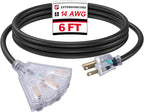 EP 6 Ft Lighted Outdoor Extension Cord with 3 Electrical Power Outlets - 14/3 SJTW Heavy Duty Black Extension Cable with 3 Prong Grounded Plug - Power Cord for Lawn, Garden, Appliances