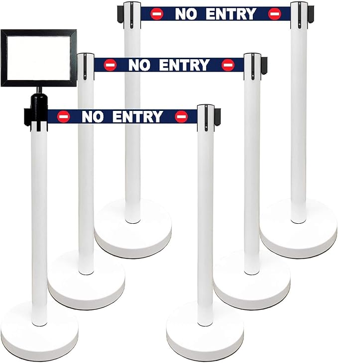 Retractable Stanchion, 6 SPECIALTY Posts + Signframe, 36" Ht, 78" Special Event & Holiday Theme Belt + Bonus Replacement Cassettes + Wall Receiver (WHT Post/No Entry Belt)