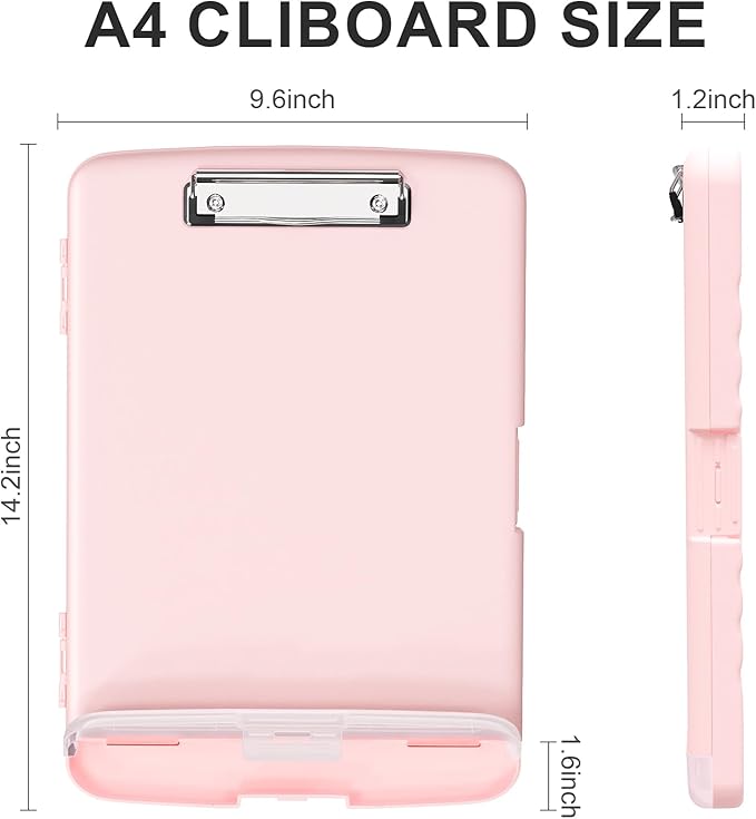 Plastic Clipboard with Storage, 8.5 x 11 Storage Organization Box Side-Opening, Heavy Duty Clip Board with Pen Holder and Paper Folder for Nurses, Teachers, Office & School Supply, Pink