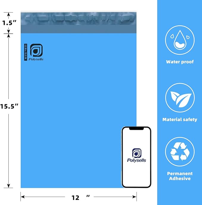 POLYSELLS 100 pcs 12x15.5 Inches Blue Poly Mailers Shipping Envelopes, Strong Adhesive Sealing, Waterproof, and Tear-resistant Postal Mailing Bags for Clothing, Books, and Accessories