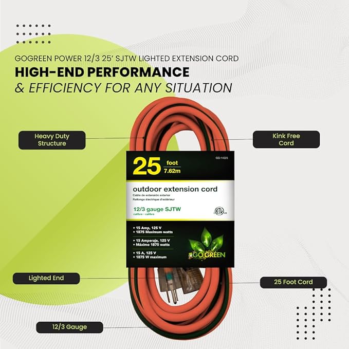 Go Green Power Inc. (GG-14025) 12/3 SJTW Outdoor Extension Cord, Lighted End, 25 ft