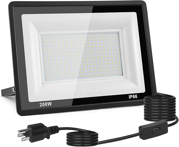 200W LED Flood Light Outdoor, 20000LM Bright Plug-in Flood Lights with Switch, IP66 Waterproof Exterior Security Lights, LED Work Light for Garage, Yard, Garden, Playground, Stadium, Arena
