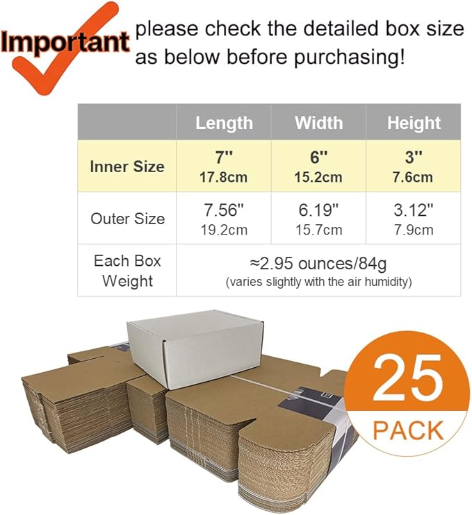 7x6x3'' Corrugated Mailers, 25 Pack, Cardboard Shipping Boxes, White (CM763-25)