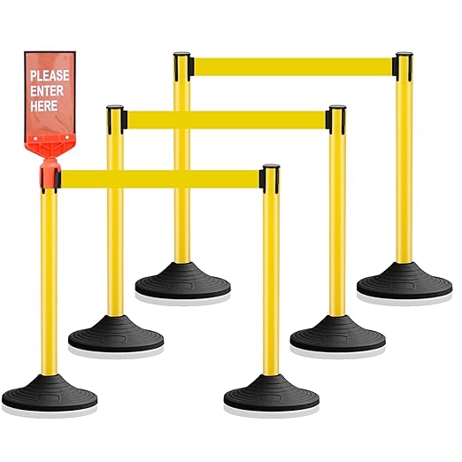 6 Pack Yellow Stanchions with Retractable Belts - Crowd Control Barriers, Heavy Duty Weighted Base for Events, Retail, Queue Lines