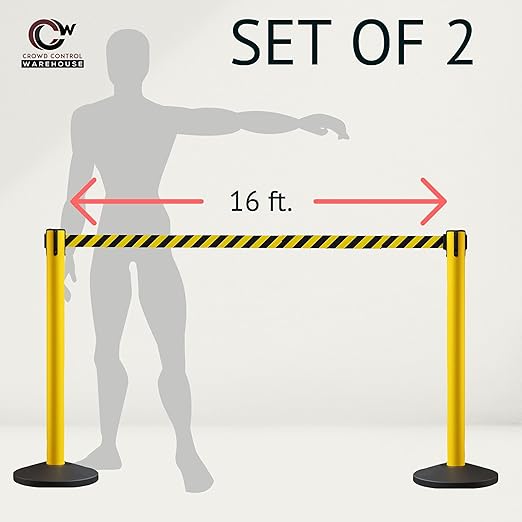 Crowd Control Warehouse CCW Series RBB-150 - Set of 2 Stanchion Retractable Belt Barriers - 16 Foot, Red"Caution - DO NOT Enter" White Letters Belt with Orange Post - Easy Assembly