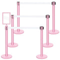 Therwen 6 Pack Heavy Duty Crowd Control Stanchions 9.8 ft Stainless Steel Stanchion Set with 6 Safety Barrier Post Retractable Belt and 1 Sign Holder Crowd Control Barrier(White Belt,Pink)