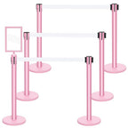 Therwen 6 Pack Heavy Duty Crowd Control Stanchions 9.8 ft Stainless Steel Stanchion Set with 6 Safety Barrier Post Retractable Belt and 1 Sign Holder Crowd Control Barrier(White Belt,Pink)