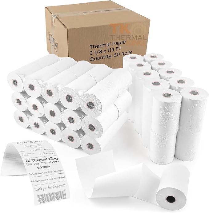 (50 Rolls) 3 1/8" x 119' Thermal Paper, POS Receipt Paper for Retail Business Cash Register, Fits Most Credit Card Terminal