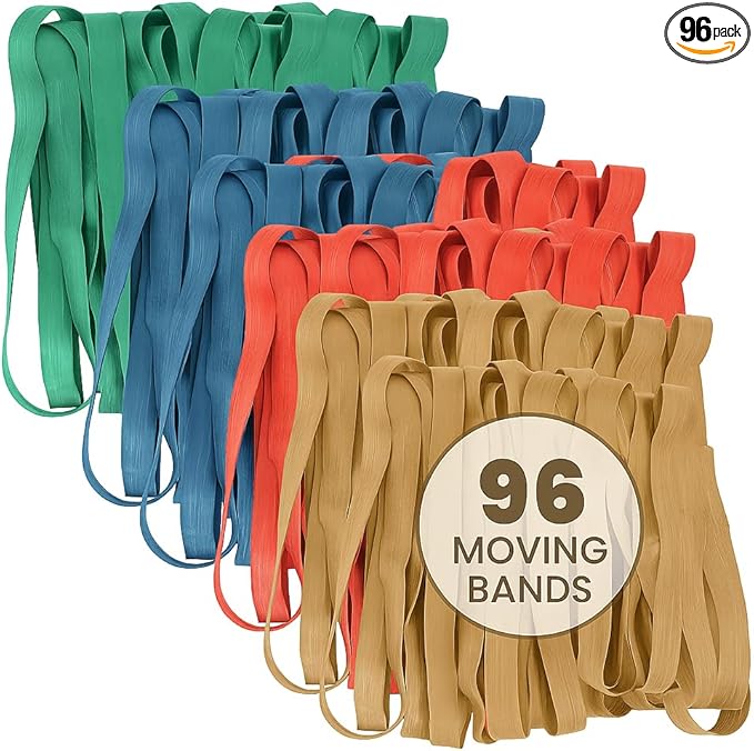 Kitchentoolz 96 Pack Moving Bands & Moving Blankets – Heavy-Duty Rubber Mover Bands in 4 Sizes – 24 Each of 25", 30", 36", 42" – Secures Furniture, Drawers, Supplies