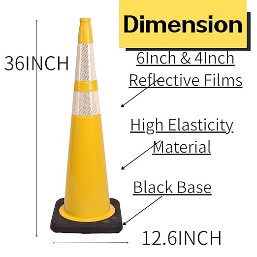 BESEA 6Pack 36” inch Traffic Cones Yellow Road Parking Cones Construction Safety Cone Structurally Stable for Traffic Control(Yellow Color)