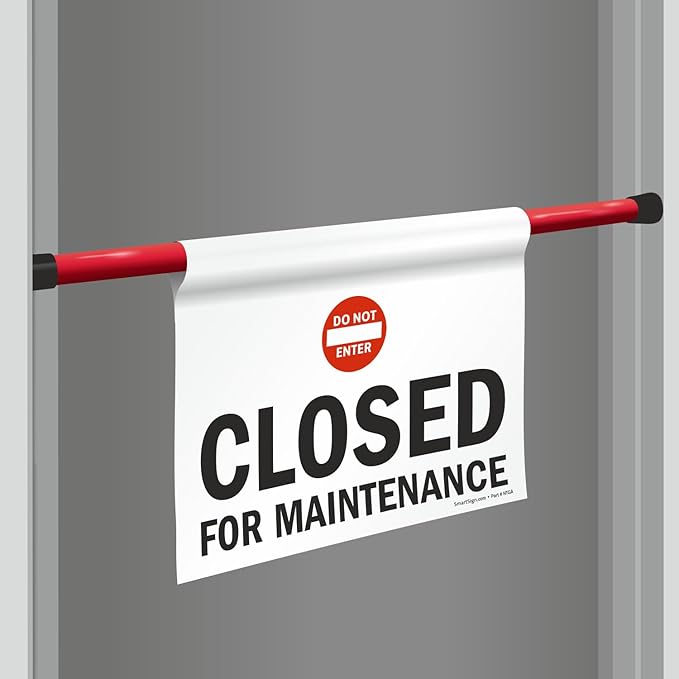 SmartSign 3-Pack 'Closed For Maintenance' Hanging Doorway Barricade Sign with Symbol, Spring-loaded Aluminum Pole, Torsion Pole and 11.25" x 18" Vinyl Sign Kit, Black/White/Red, USA-Made