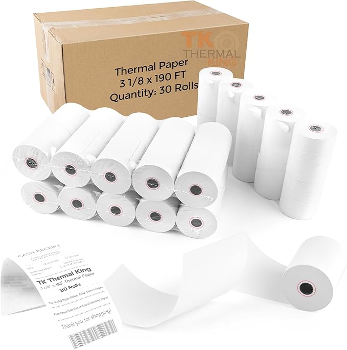 (30 Rolls) 3 1/8" x 190' Thermal Paper, POS Receipt Paper for Retail Business Cash Register, Fits Most Credit Card Terminal
