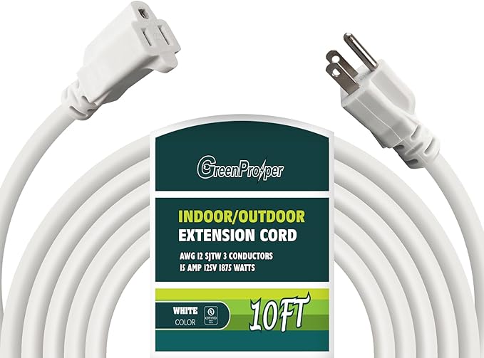 12 Gauge Indoor Outdoor White Extension Cord Heavy Duty 10 FT, 12 AWG SJTW Electrical Cable, Weather-Resistant Power Cord, Great for Garden, Offices and Lawns