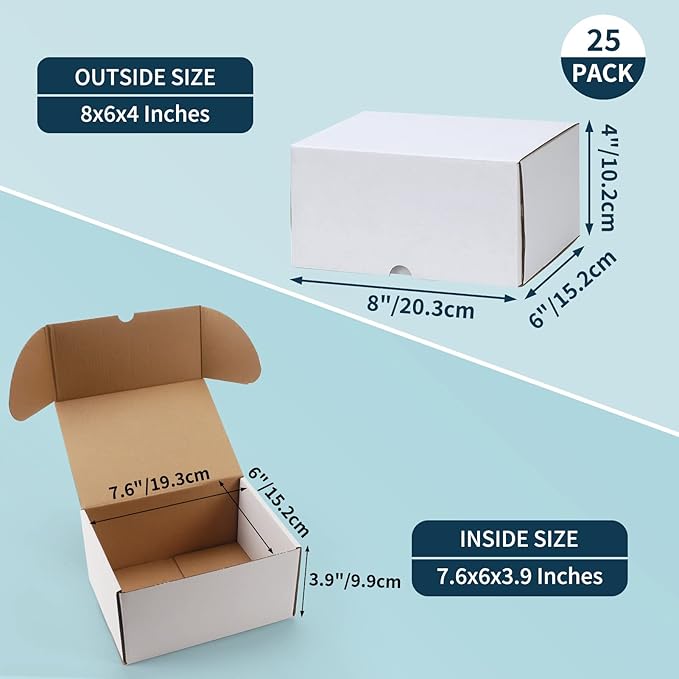 WIFTREY 8x6x4 Small Shipping Boxes 25 Pack for Mailing,Packing, White Corrugated Cardboard Boxes for Small Business