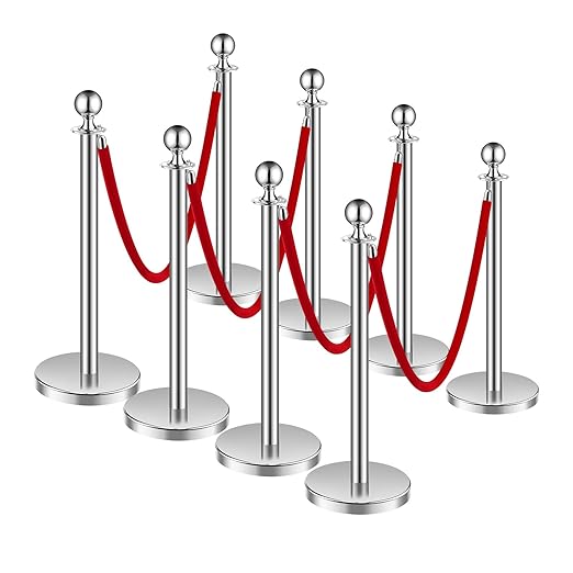 VEVOR Stanchions and Velvet Ropes 8Pcs, Hollow Base with Stainless Steel Post, 4 Red Velvet Ropes and Posts, Crowd Control Barriers Silver Stanchions, Red Carpet Runner Poles for Party Supplies