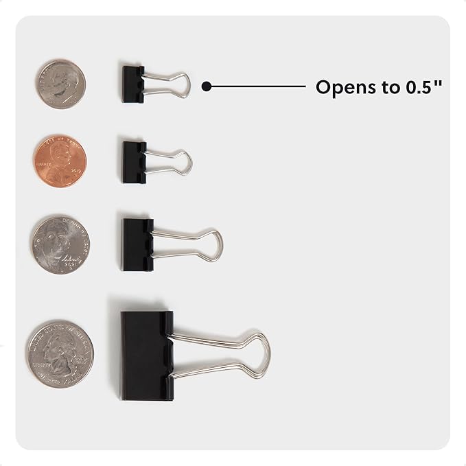 U Brands Binder Clips, Micro 1/2-Inch Width, 1/5-Inch Paper Holding Capacity, Black and Silver Steel, 100-Count - 650U08-24