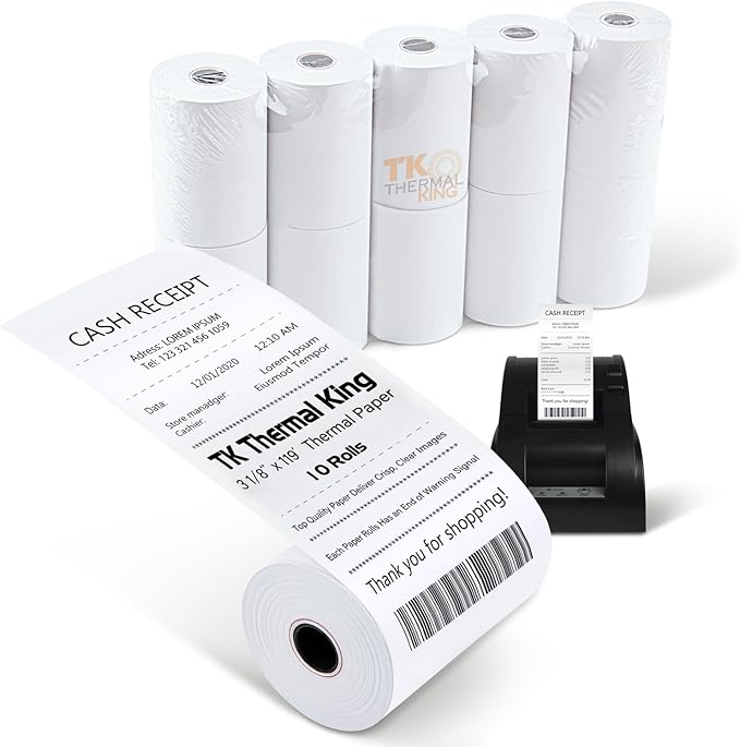 (10 Rolls) 3 1/8" x 119' Thermal Paper, POS Receipt Paper for Retail Business Cash Register, Fits Most Credit Card Terminal