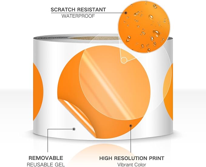 500 PCS Dot Sticker Tape 2" Inch Round Color Coding Labels Removable Writable Circle Floor Decal for Marking Organizing Social Distancing Fluorescent Orange