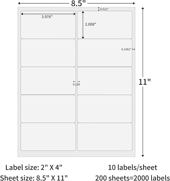 200 Sheets Shipping Address Labels for Laser and Inkjet Printer 2x4, 2000 Labels 10 Up Strong Adhesive Internet Mailing Shipping Labels