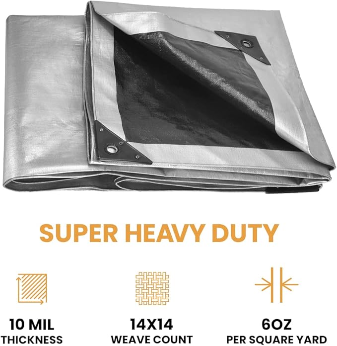 WHITEDUCK Super Heavy Duty Poly Tarp Cover 16 Mil & 10 Mil with Grommets and Reinforced Edges (Brown, White & Silver Black) (Silver Black- 10 Mil, 12' x 20')