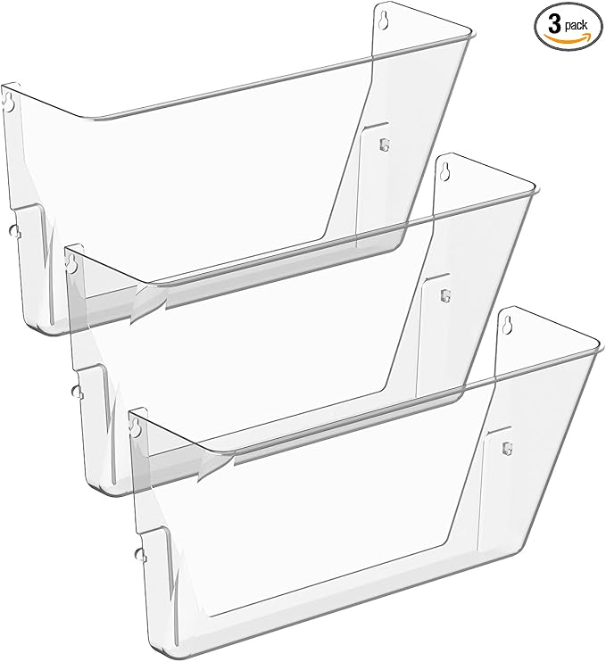 Clear Acrylic Single Pocket, Plastic Hanging Wall Mount File Holder for Office Home (Clear, 3 Pack)