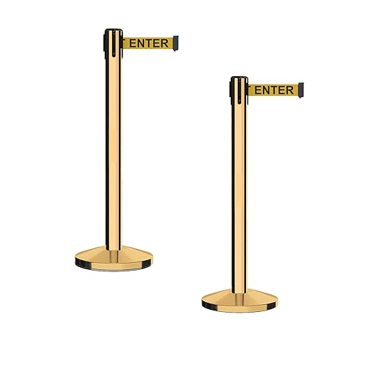 Crowd Control Warehouse CCW Series RBB-150 - Set of 2 Stanchion Retractable Belt Barriers - 16 Foot, Yellow"Caution - DO NOT Enter" Black Letter Belt with Polished Brass Steel Post - Easy Assembly