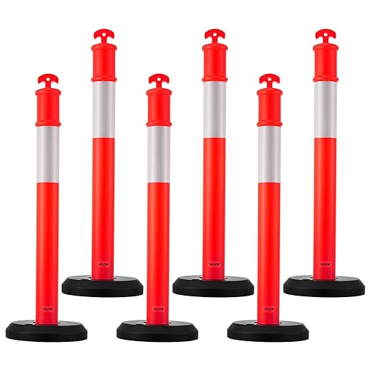 VEVOR 6 Pack Traffic Delineator Posts, 48 inches Traffic Safety Cones with Fillable Base and Reflective Strips, Heavy Duty Delineator Posts for Construction Site, Parking Lot, Crowd Control, Red