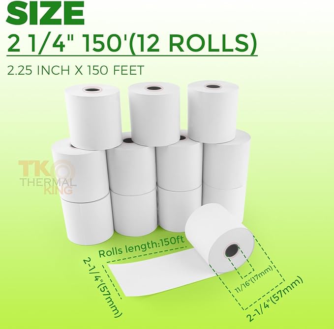 (12 Rolls) 2 1/4" x 150' Thermal Paper, Adding Machine/Calculator POS Receipt paper for Cash Registers