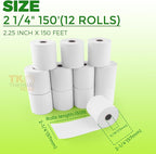 (12 Rolls) 2 1/4" x 150' Thermal Paper, Adding Machine/Calculator POS Receipt paper for Cash Registers