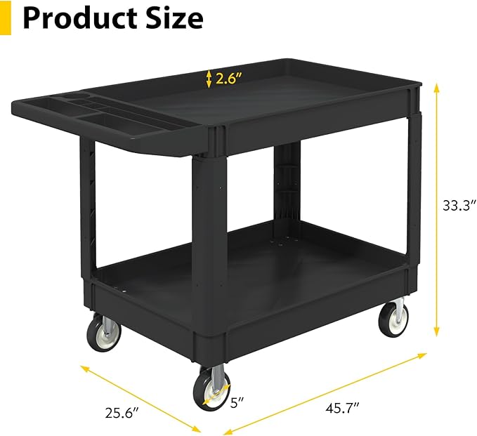 Heavy Duty Utility Rolling Tool Cart, 1000 lbs Capacity Utility Service Cart with Two Trays and Wheels, 46 x 26-Inch Rolling Service Carts Huge Storage, Garage, Warehouse, Workshop, Black