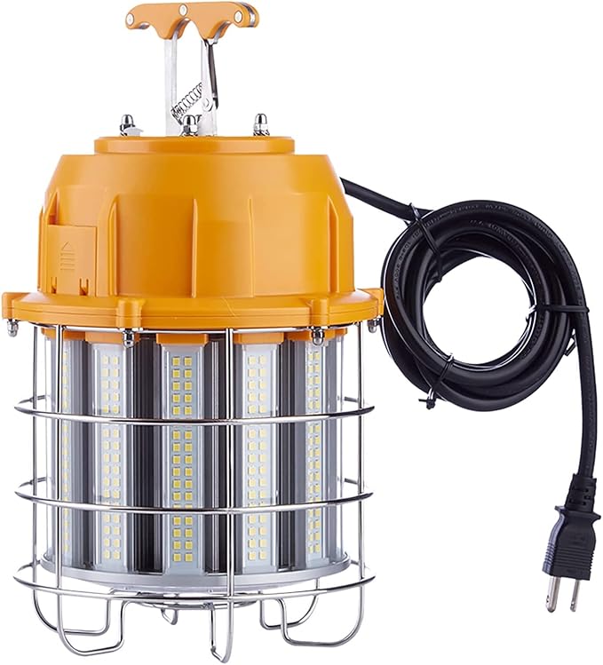 LED Temporary Work Light 100W with 15FT Cord, LED Construction Lights 12,000lm 5000K Daylight Stainless Steel Guard Portable Hanging Work Lighting Workshop Jobsite Light Outdoor