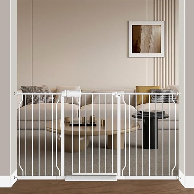 Fairy Baby Extra Wide Baby Gate for Dogs Pressure Monuted Safety Gate for Living Room, Fits 62 Inch to 67 Inch with Pressure Mounted Extention Kit, White